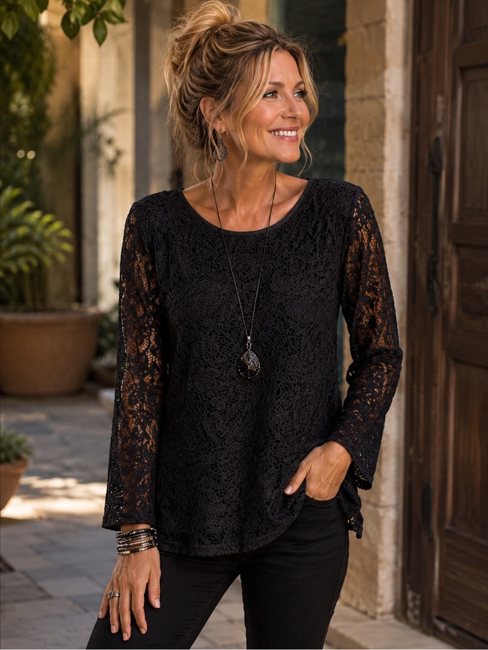 Croft & Barrow Black Lace Blouse Medium Boho Chic Long Sleeve Top